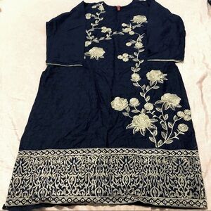 N&S Pakistani Kurta Fully Embroidered Lawn Navy/Beige Gold Metallic Piping